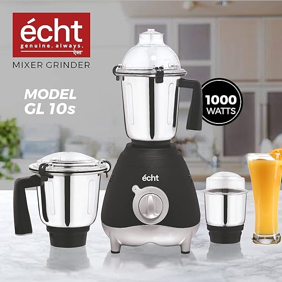 Echt GL 10S Mixer Grinder 1000 Watt, 3 Stainless Steel Jars, Wet Jar (1500 ml), Multipurpose Jar (1000 ml) and Chutney Jar (300ml); with 3 Speed Control, with 2 years warranty, Black