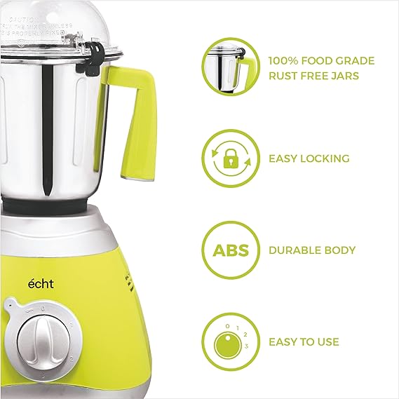 Echt GL 7S Mixer Grinder 750 Watt, 3 Stainless Steel Jars, Wet Jar (1500 ml), Multipurpose Jar (1000 ml) and Chutney Jar (300ml); with 3 Speed Control, with 2 years warranty, Green + Silver