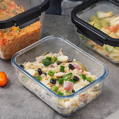 IVEO Borosilicate Glass Container, Glass N Glass | Microwave Safe Food Container | Cook Serve Store | for Carrying and Storing Food | with GLASS LID | Leak proof | 1050 ml, Rectangle, 1 Pc, Black