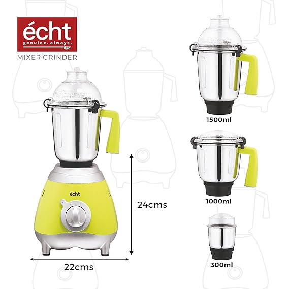 Echt GL 7S Mixer Grinder 750 Watt, 3 Stainless Steel Jars, Wet Jar (1500 ml), Multipurpose Jar (1000 ml) and Chutney Jar (300ml); with 3 Speed Control, with 2 years warranty, Green + Silver