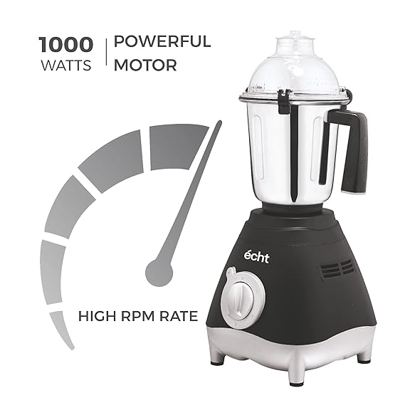 Echt GL 10S Mixer Grinder 1000 Watt, 3 Stainless Steel Jars, Wet Jar (1500 ml), Multipurpose Jar (1000 ml) and Chutney Jar (300ml); with 3 Speed Control, with 2 years warranty, Black