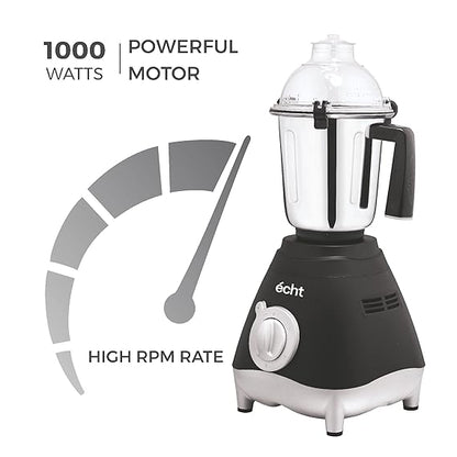 Echt GL 10S Mixer Grinder 1000 Watt, 3 Stainless Steel Jars, Wet Jar (1500 ml), Multipurpose Jar (1000 ml) and Chutney Jar (300ml); with 3 Speed Control, with 2 years warranty, Black