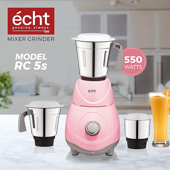 Echt RC 5s Mixer Grinder 550 Watt, 3 Stainless Steel Jars,Wet Jar (1500 ml), Multipurpose Jar (1000 ml), Chutney Jar (300 ml); with 3 Speed Control, with 2 years warranty, Pink