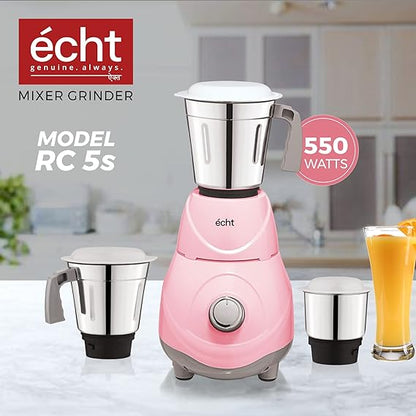 Echt RC 5s Mixer Grinder 550 Watt, 3 Stainless Steel Jars,Wet Jar (1500 ml), Multipurpose Jar (1000 ml), Chutney Jar (300 ml); with 3 Speed Control, with 2 years warranty, Pink