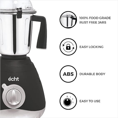 Echt GL 10S Mixer Grinder 1000 Watt, 3 Stainless Steel Jars, Wet Jar (1500 ml), Multipurpose Jar (1000 ml) and Chutney Jar (300ml); with 3 Speed Control, with 2 years warranty, Black