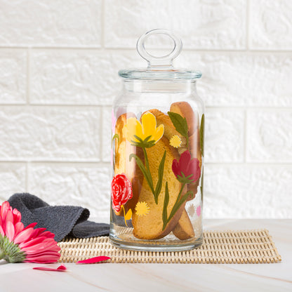 Pasabahce Floral Party Glass Jar Printed Transparent Kitchen Glass Jars, 1130 ml in Set of 1 Pcs.