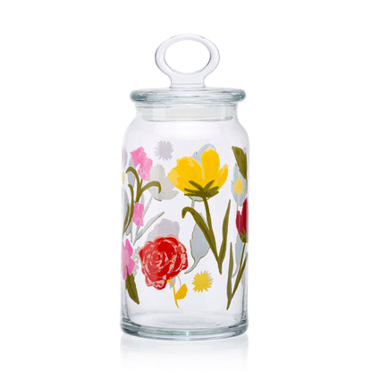 Pasabahce Floral Party Glass Jar Printed Transparent Kitchen Glass Jars, 1130 ml in Set of 1 Pcs.