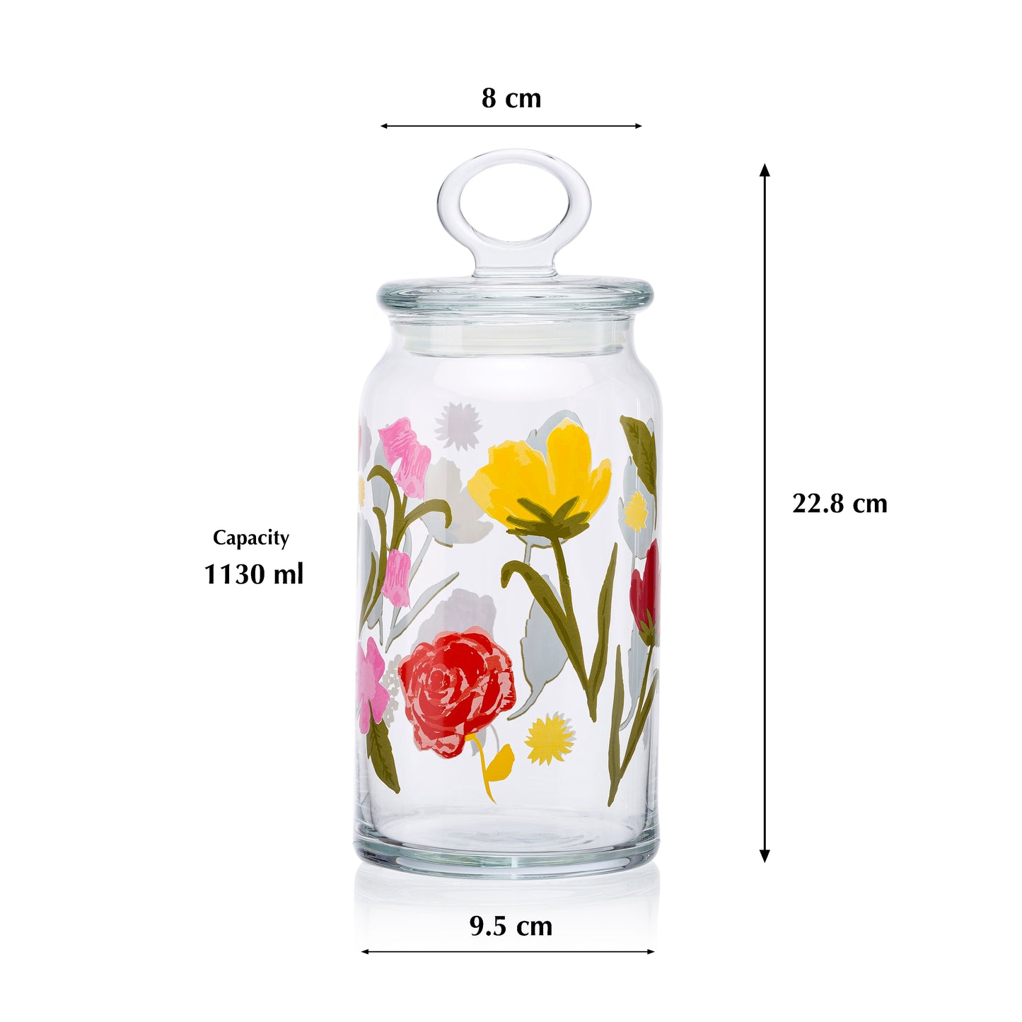 Pasabahce Floral Party Glass Jar Printed Transparent Kitchen Glass Jars, 1130 ml in Set of 1 Pcs.