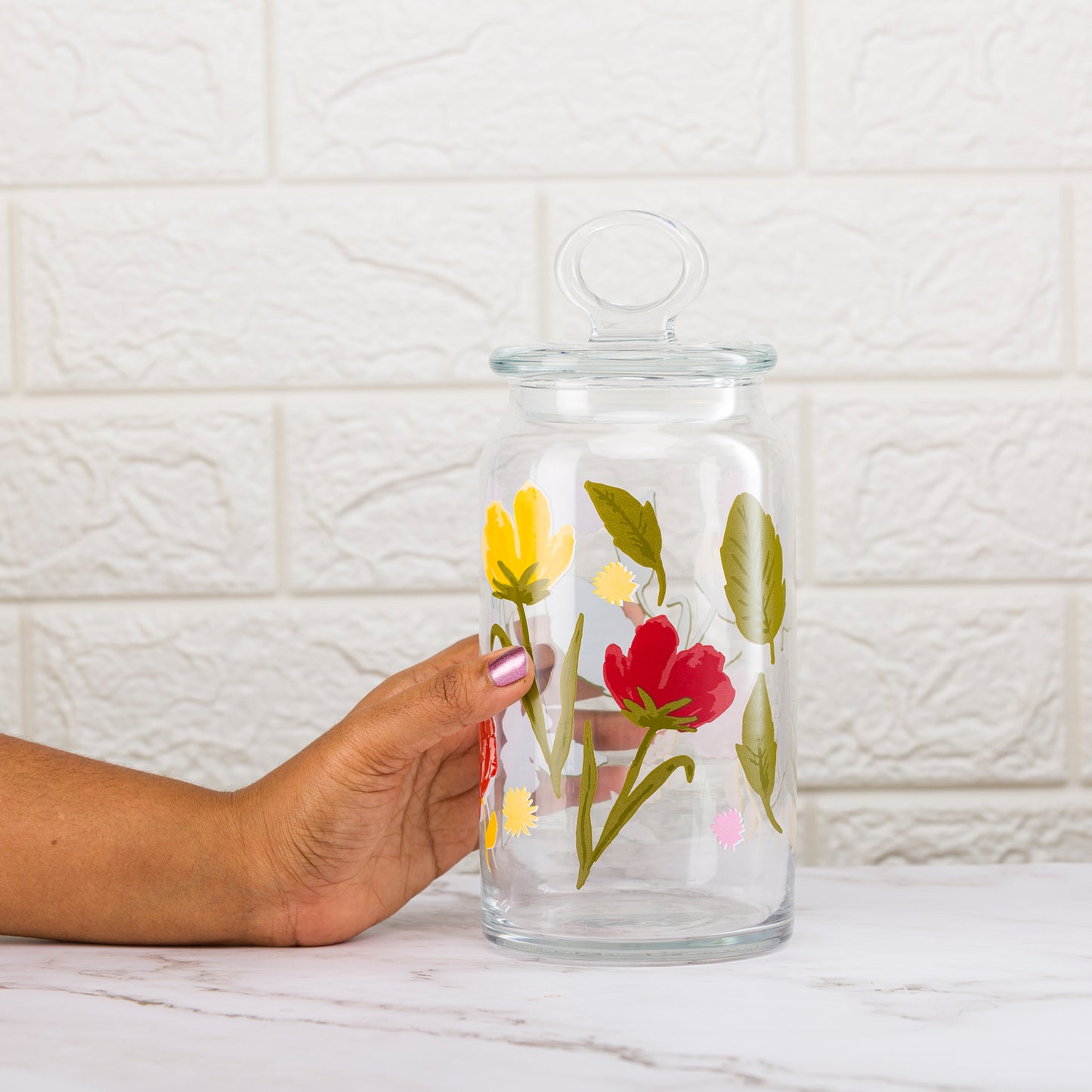 Pasabahce Floral Party Glass Jar Printed Transparent Kitchen Glass Jars, 1130 ml in Set of 1 Pcs.