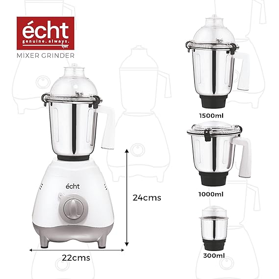 Echt GL 10S Mixer Grinder 1000 Watt, 3 Stainless Steel Jars, Wet Jar (1500 ml), Multipurpose Jar (1000 ml) and Chutney Jar (300ml); with 3 Speed Control, with 2 years warranty, White