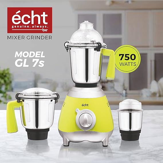 Echt GL 7S Mixer Grinder 750 Watt, 3 Stainless Steel Jars, Wet Jar (1500 ml), Multipurpose Jar (1000 ml) and Chutney Jar (300ml); with 3 Speed Control, with 2 years warranty, Green + Silver