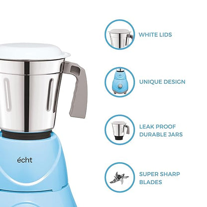 Echt RC 5s Mixer Grinder 550 Watt, 3 Stainless Steel Jars,Wet Jar (1500 ml), Multipurpose Jar (1000 ml), Chutney Jar (300 ml); with 3 Speed Control, with 2 years warranty, Blue