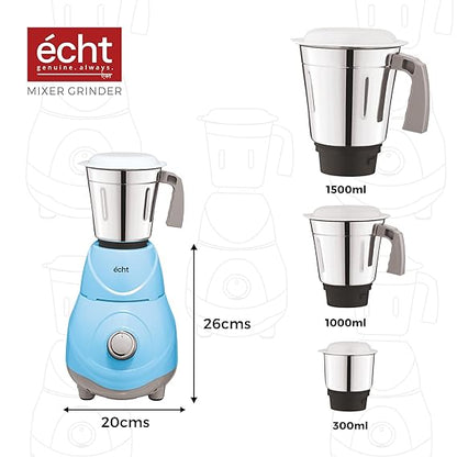 Echt RC 5s Mixer Grinder 550 Watt, 3 Stainless Steel Jars,Wet Jar (1500 ml), Multipurpose Jar (1000 ml), Chutney Jar (300 ml); with 3 Speed Control, with 2 years warranty, Blue