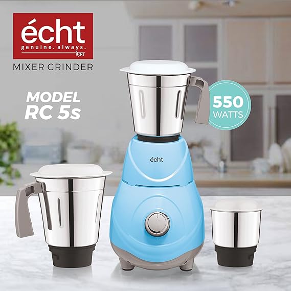 Echt RC 5s Mixer Grinder 550 Watt, 3 Stainless Steel Jars,Wet Jar (1500 ml), Multipurpose Jar (1000 ml), Chutney Jar (300 ml); with 3 Speed Control, with 2 years warranty, Blue