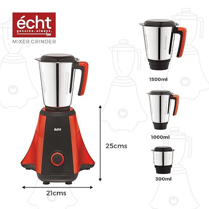 Echt NT 7s Mixer Grinder 750 Watt, 3 Stainless Steel Jars,Wet Jar (1500 ml), Multipurpose Jar (1000 ml), Chutney Jar (300ml); with 3 Speed Control, with 2 years warranty, Rust