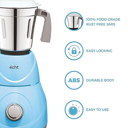 Echt RC 5s Mixer Grinder 550 Watt, 3 Stainless Steel Jars,Wet Jar (1500 ml), Multipurpose Jar (1000 ml), Chutney Jar (300 ml); with 3 Speed Control, with 2 years warranty, Blue