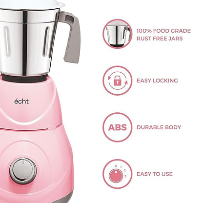 Echt RC 5s Mixer Grinder 550 Watt, 3 Stainless Steel Jars,Wet Jar (1500 ml), Multipurpose Jar (1000 ml), Chutney Jar (300 ml); with 3 Speed Control, with 2 years warranty, Pink