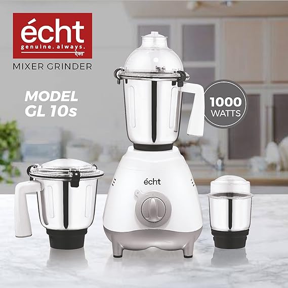 Echt GL 10S Mixer Grinder 1000 Watt, 3 Stainless Steel Jars, Wet Jar (1500 ml), Multipurpose Jar (1000 ml) and Chutney Jar (300ml); with 3 Speed Control, with 2 years warranty, White