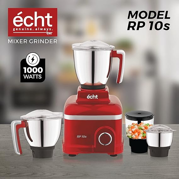 Echt RP 10s Mixer Grinder 1000 Watt,4 Stainless Steel Jars,Wet Jar (1500 ml), Multipurpose Jar (1000 ml), Chutney Jar (300 ml) and Chopper Jar (500ml);3 Speed Control, with 2 years warranty, Red