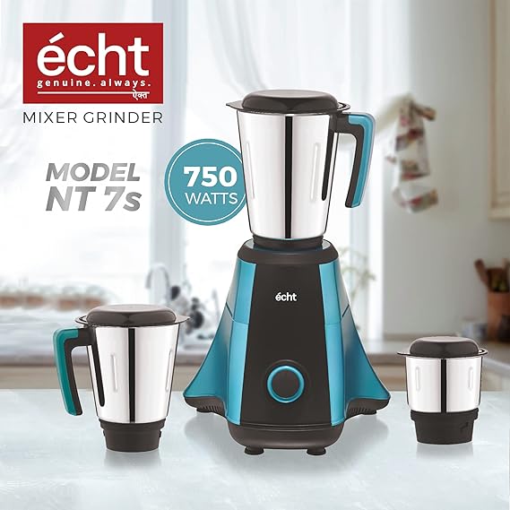 Echt NT 7s Mixer Grinder 750 Watt, 3 Stainless Steel Jars,Wet Jar (1500 ml), Multipurpose Jar (1000 ml), Chutney Jar (300ml); with 3 Speed Control, with 2 years warranty, Blue