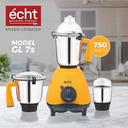 Echt GL 7S Mixer Grinder 750 Watt, 3 Stainless Steel Jars, Wet Jar (1500 ml), Multipurpose Jar (1000 ml) and Chutney Jar (300ml); with 3 Speed Control, with 2 years warranty, Mango + Grey