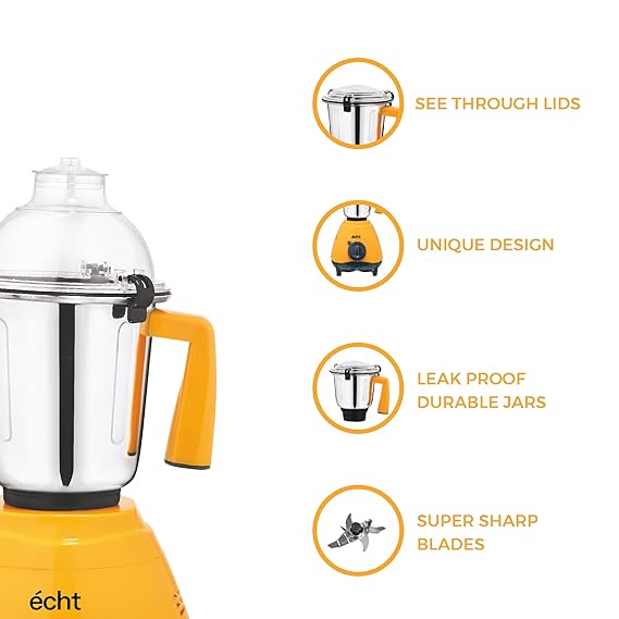 Echt GL 7S Mixer Grinder 750 Watt, 3 Stainless Steel Jars, Wet Jar (1500 ml), Multipurpose Jar (1000 ml) and Chutney Jar (300ml); with 3 Speed Control, with 2 years warranty, Mango + Grey