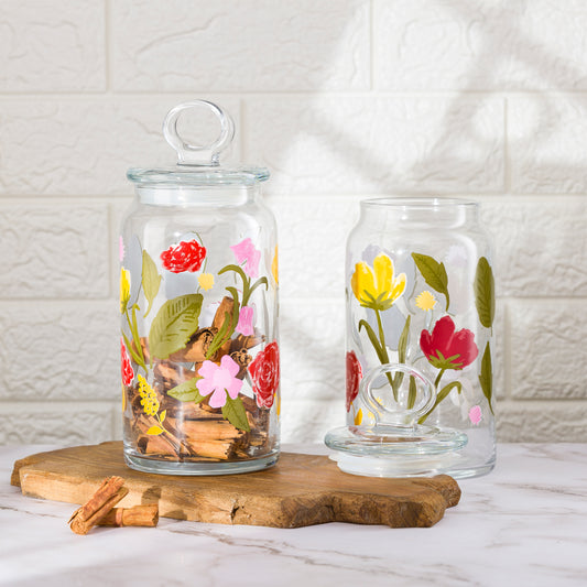 Pasabahce Floral Party Glass Jar Printed Transparent Kitchen Glass Jars, 1130 ml in Set of 2 Pcs.