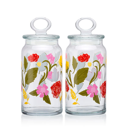 Pasabahce Floral Party Glass Jar Printed Transparent Kitchen Glass Jars, 1130 ml in Set of 2 Pcs.