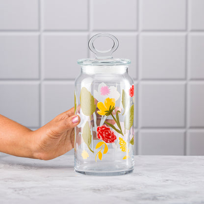 Pasabahce Floral Party Glass Jar Printed Transparent Kitchen Glass Jars, 1130 ml in Set of 2 Pcs.