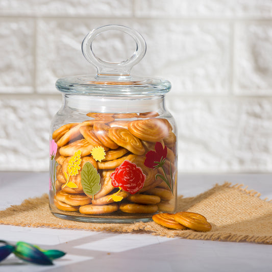 Pasabahce Floral Party Glass Jar Printed Transparent Kitchen Glass Jars, 575 ml in Set of 1 Pcs.