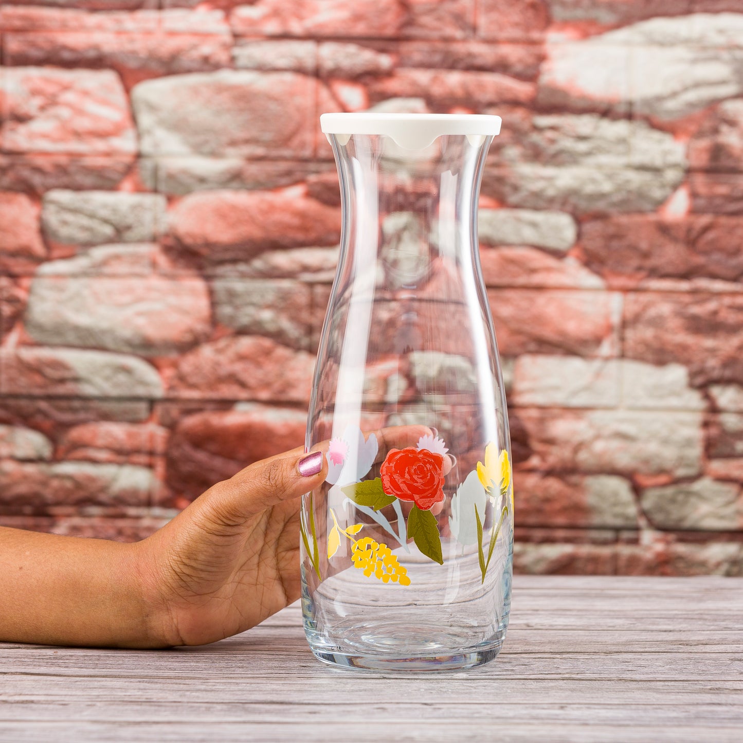 Pasabahce Floral Party Glass Caraffe Printed Transparent 1180 ml in Set of 1 Pcs, Perfect fit for Water/Juice.