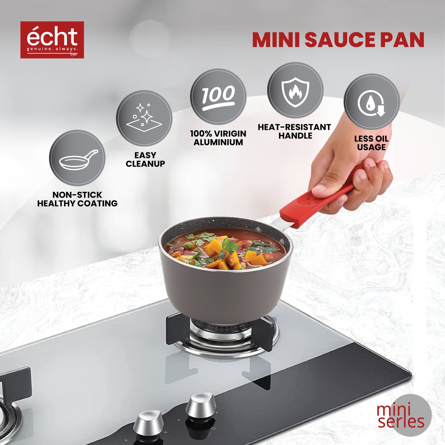 ECHT Granite Mini Series Non Stick Combo of 3 (15.5 cm Frying Pan,13cm Sauce pan and 13cm Grill pan, Idle for Single Serving and Quick Snacks. Saute,Frying and rotis vegies and Omelettes, Grey