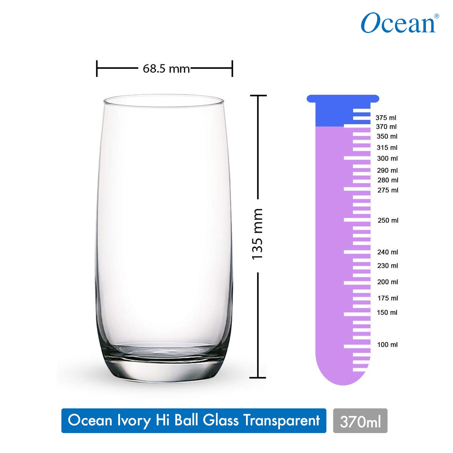 Ocean Ivory Hi Ball Glass  (370 ml, Glass, Clear) - Set of 6