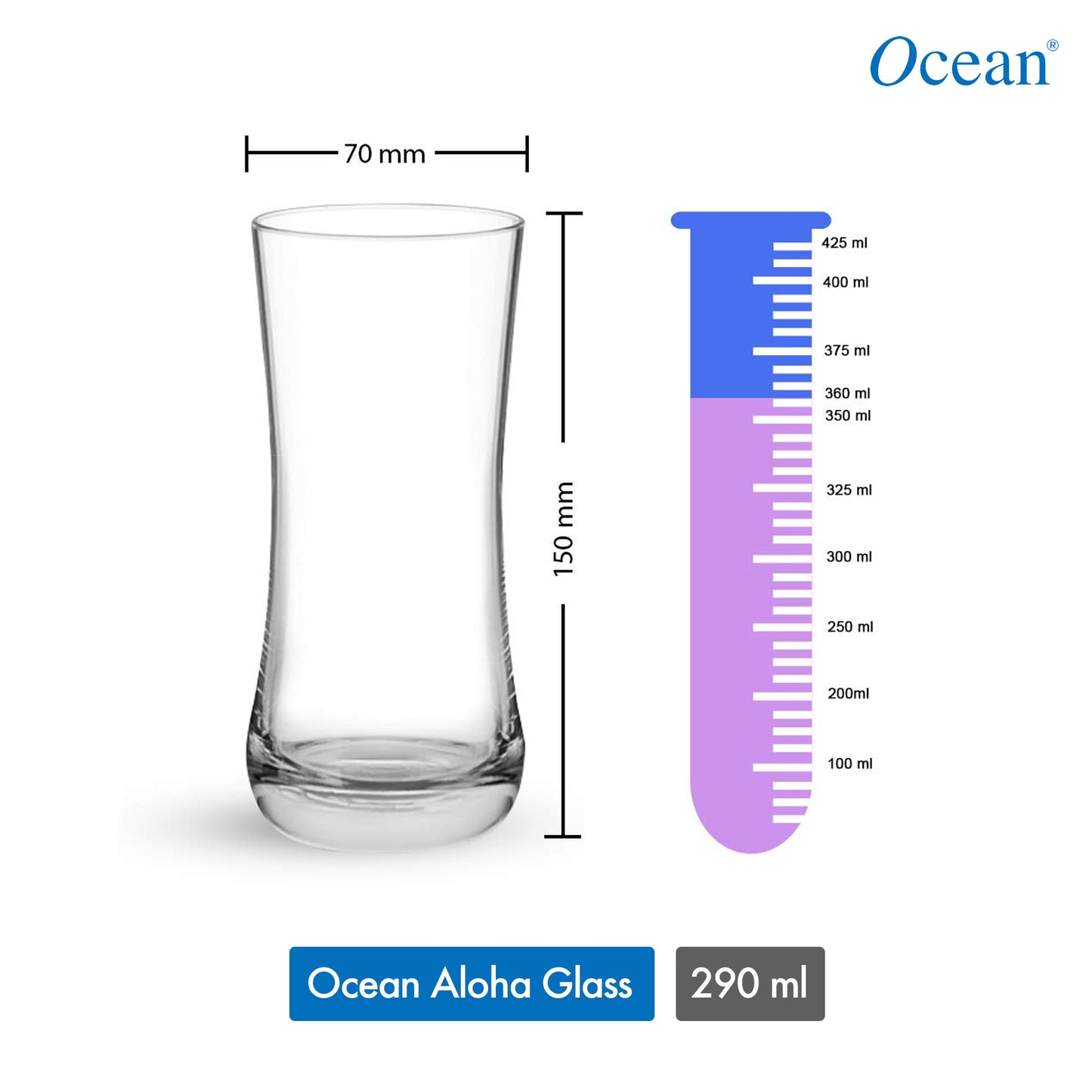 Ocean Aloha Glass Set, 360ml, Set of 6, Transparent