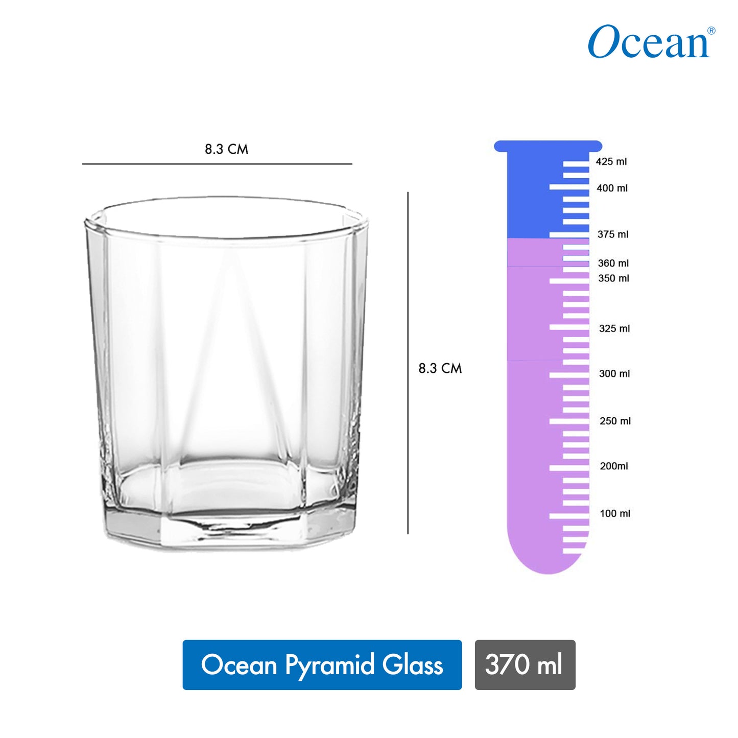 Ocean Pyramid 370 ml Whisky Glass Set of 6, Transparent