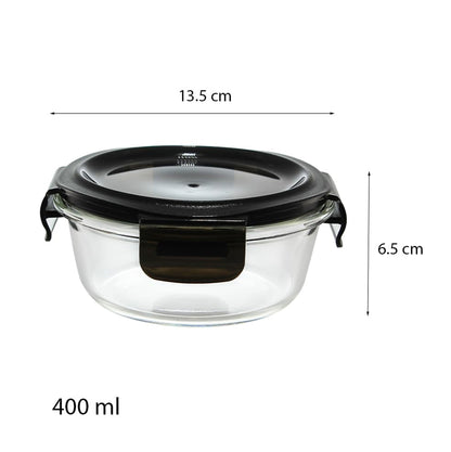 IVEO Borosilicate Glass Container Tiffin, Dine Fresh | Microwave Food Container | Lunch Box | for Carrying and Storing Food | Air Tight | Leak Proof Food Storage | 400 ml, Round, 3 Pc