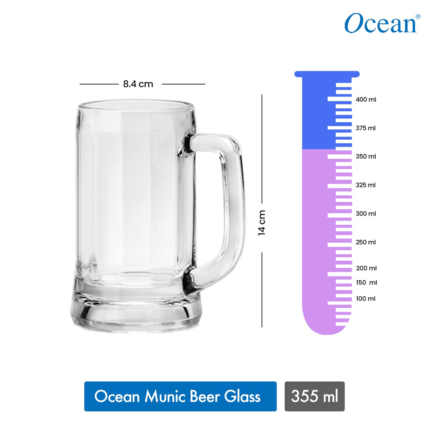 Ocean Glass Munich Beer Mug, 355ml, Transparent Set of 6