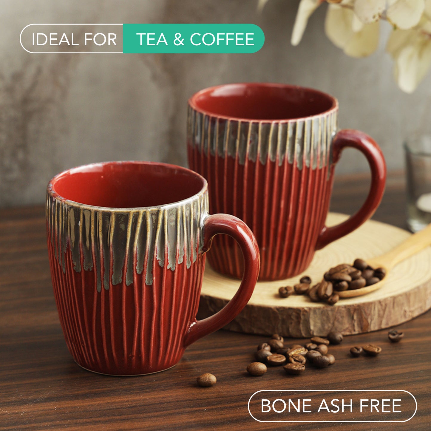 AZURE Bhumija Earth Collection Ceramic Mugs to Gift to Best Friend Tea Coffee Milk Mugs Microwave Safe, Tea Cups, Set of 2, 300 ml Capacity, Red Colour