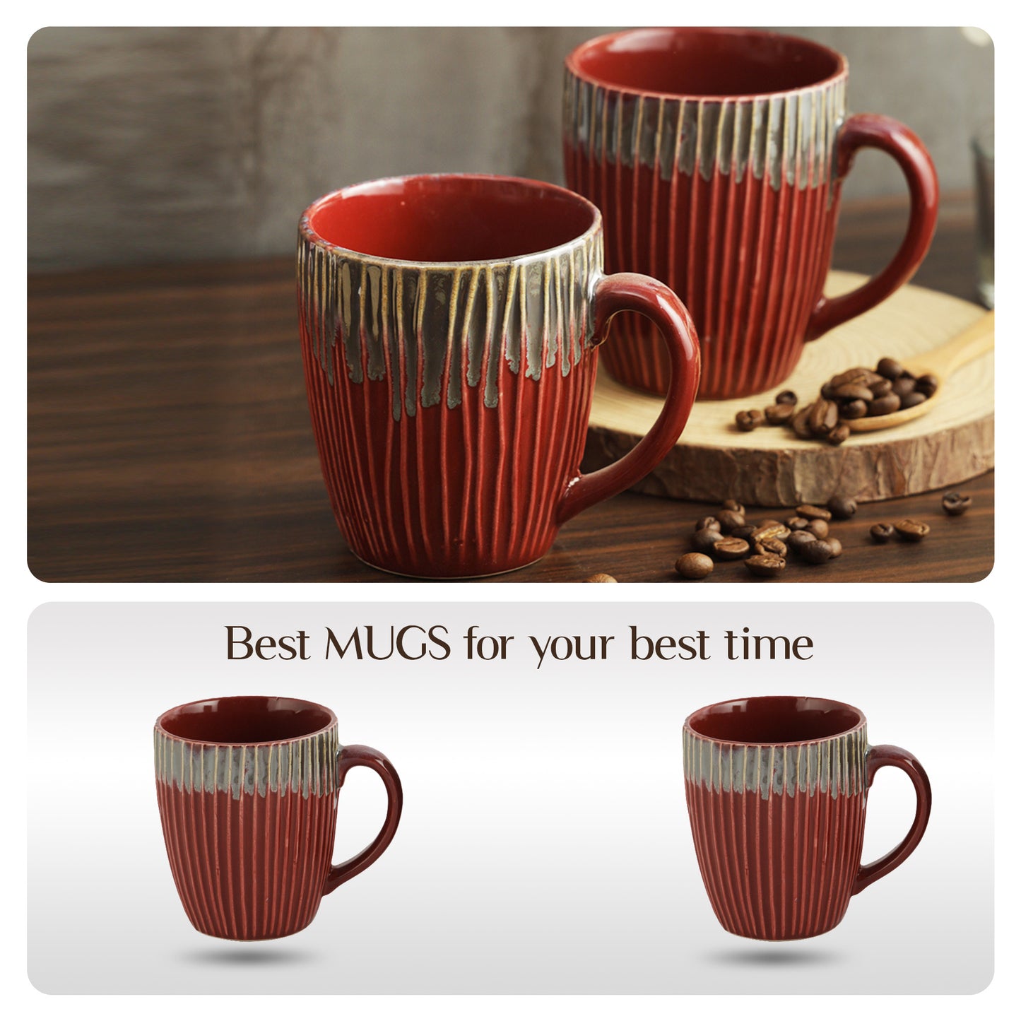 AZURE Bhumija Earth Collection Ceramic Mugs to Gift to Best Friend Tea Coffee Milk Mugs Microwave Safe, Tea Cups, Set of 2, 300 ml Capacity, Red Colour