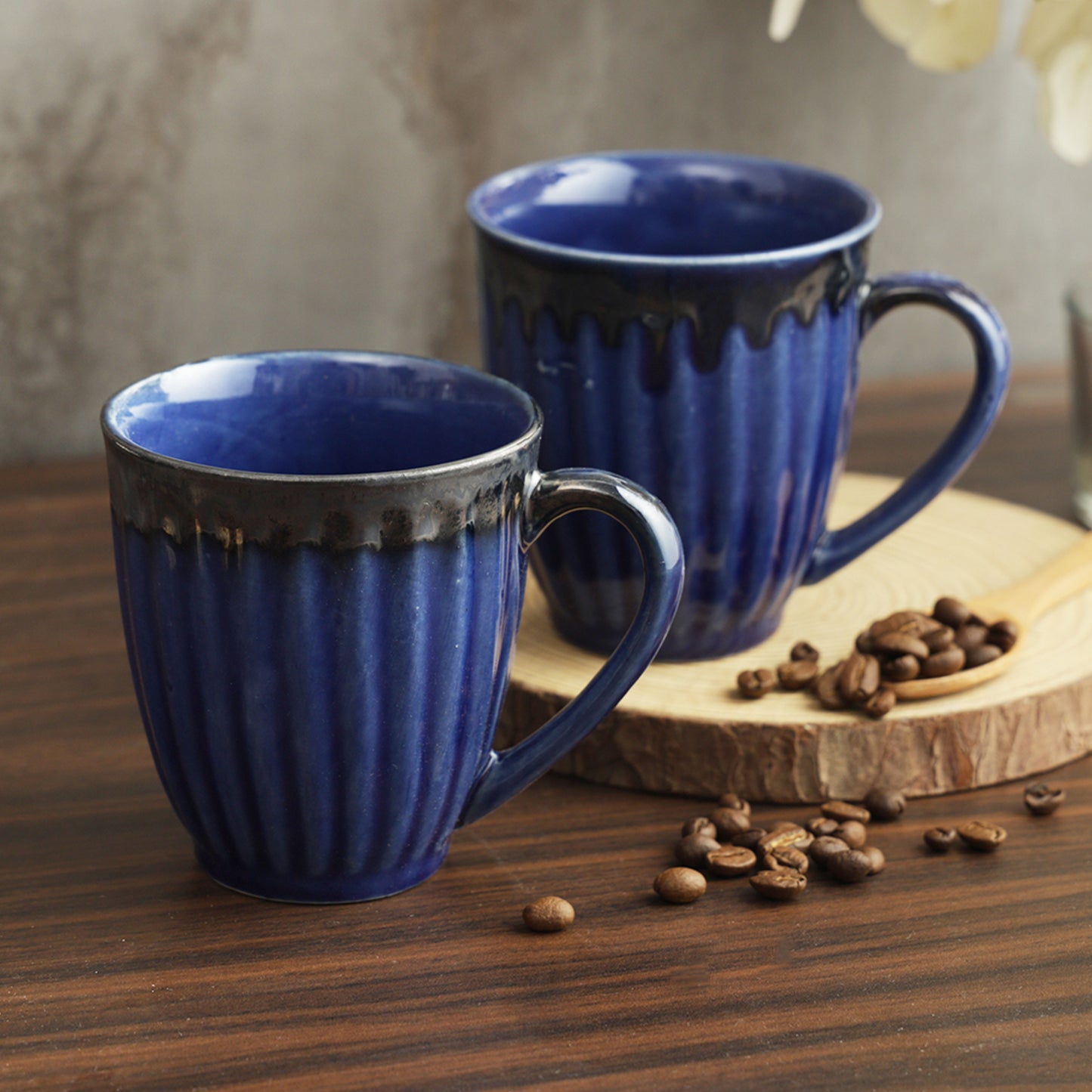 AZURE Bhumija Earth Collection Ceramic Mugs to Gift to Best Friend Tea Coffee Milk Mugs Microwave Safe, Tea Cups, Set of 2, 300 ml Capacity, Dark Blue Colour