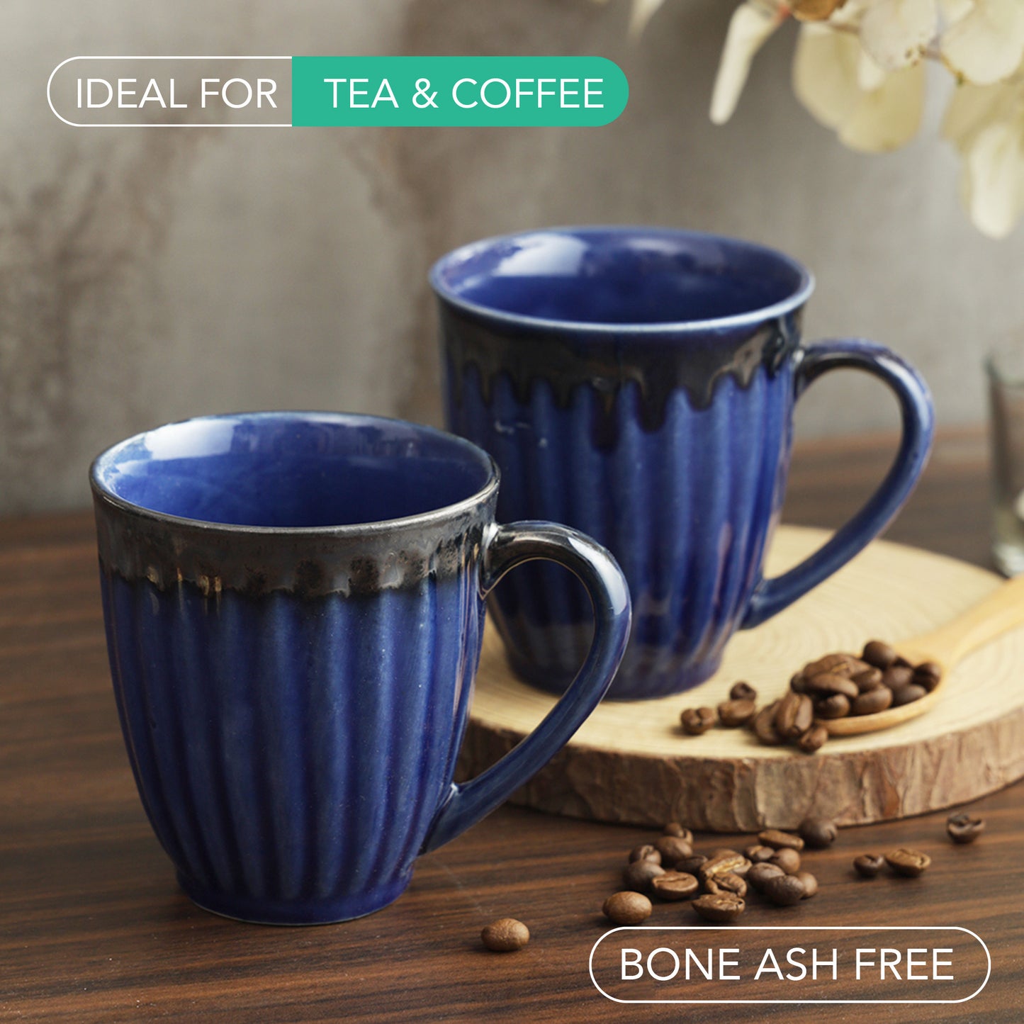 AZURE Bhumija Earth Collection Ceramic Mugs to Gift to Best Friend Tea Coffee Milk Mugs Microwave Safe, Tea Cups, Set of 2, 300 ml Capacity, Dark Blue Colour