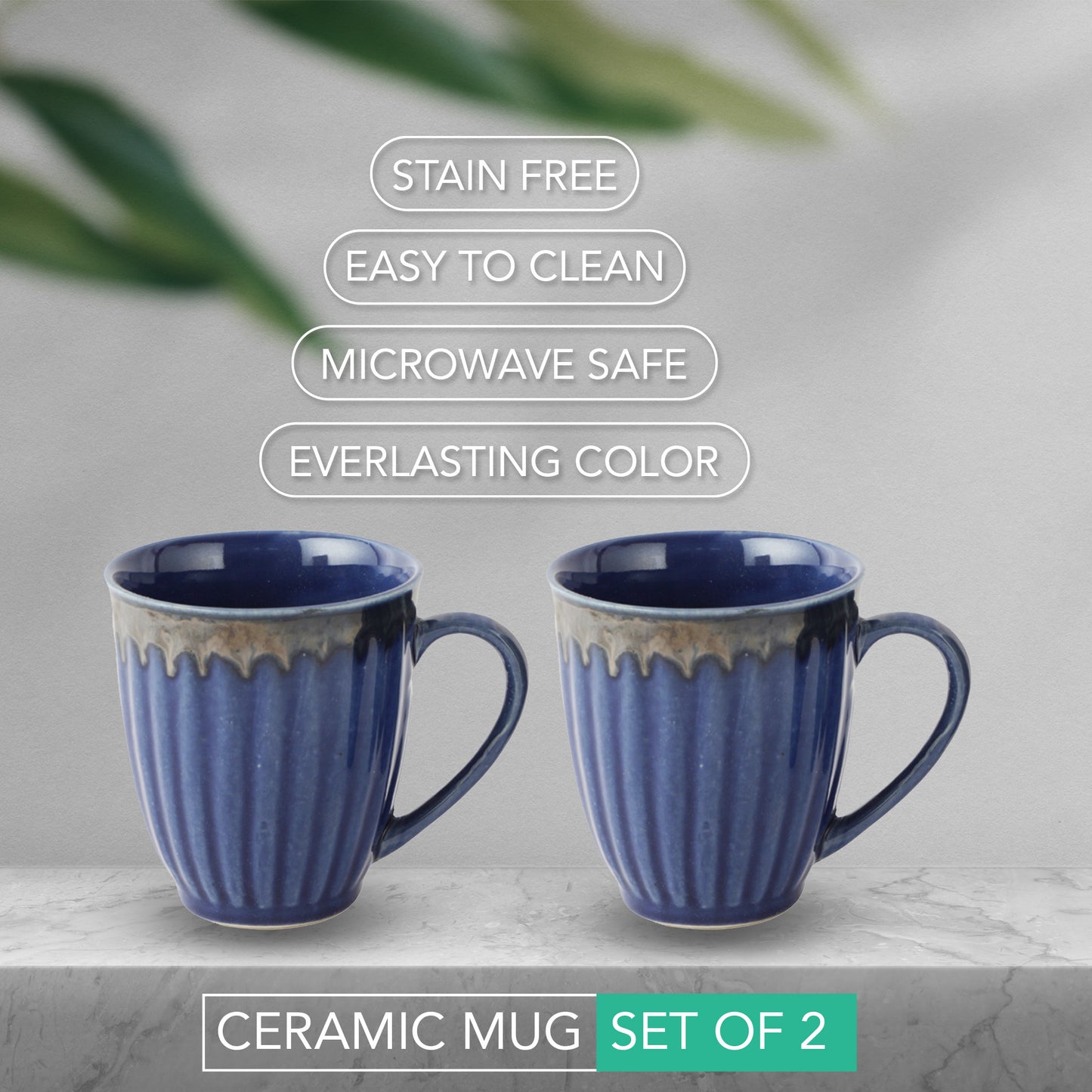 AZURE Bhumija Earth Collection Ceramic Mugs to Gift to Best Friend Tea Coffee Milk Mugs Microwave Safe, Tea Cups, Set of 2, 300 ml Capacity, Dark Blue Colour