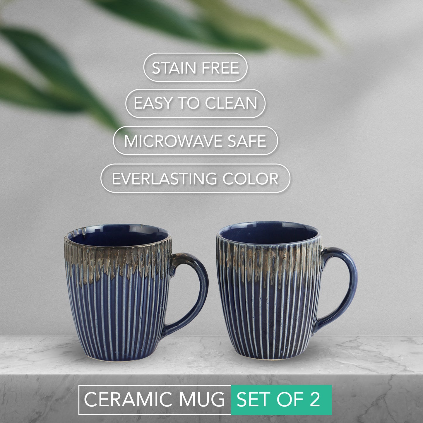 AZURE Bhumija Earth Collection Ceramic Mugs to Gift to Best Friend Tea Coffee Milk Mugs Microwave Safe, Tea Cups, Set of 2, 300 ml Capacity, Light Blue Colour