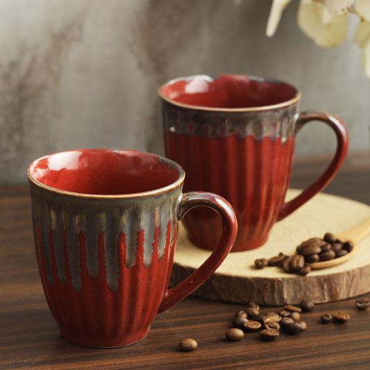 AZURE Bhumija Earth Collection Ceramic Mugs to Gift to Best Friend Tea Coffee Milk Mugs Microwave Safe, Tea Cups, Set of 2, 300 ml Capacity, Red+Grey Colour