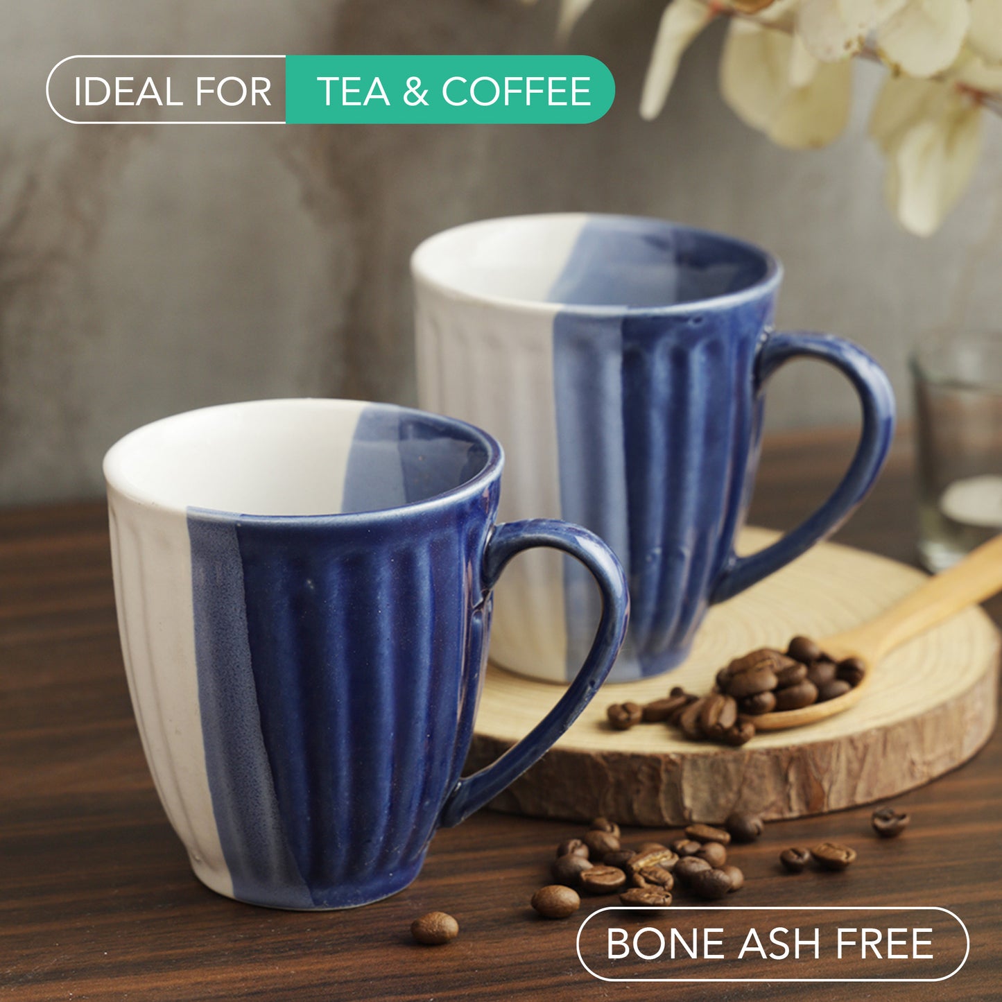 AZURE Bhumija Earth Collection Ceramic Mugs to Gift to Best Friend Tea Coffee Milk Mugs Microwave Safe, Tea Cups, Set of 2, 300 ml Capacity, Blue+ White Colour