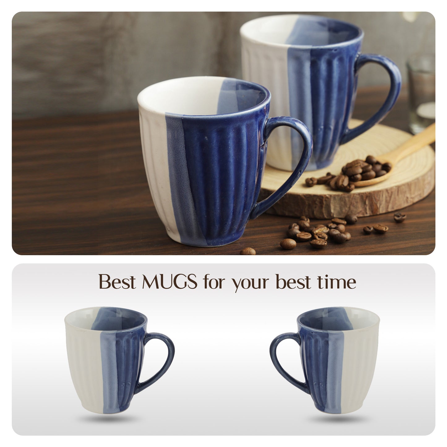 AZURE Bhumija Earth Collection Ceramic Mugs to Gift to Best Friend Tea Coffee Milk Mugs Microwave Safe, Tea Cups, Set of 2, 300 ml Capacity, Blue+ White Colour