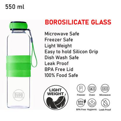 Iveo Aqua Grip 550ml round glass bottle with silicon sleeve