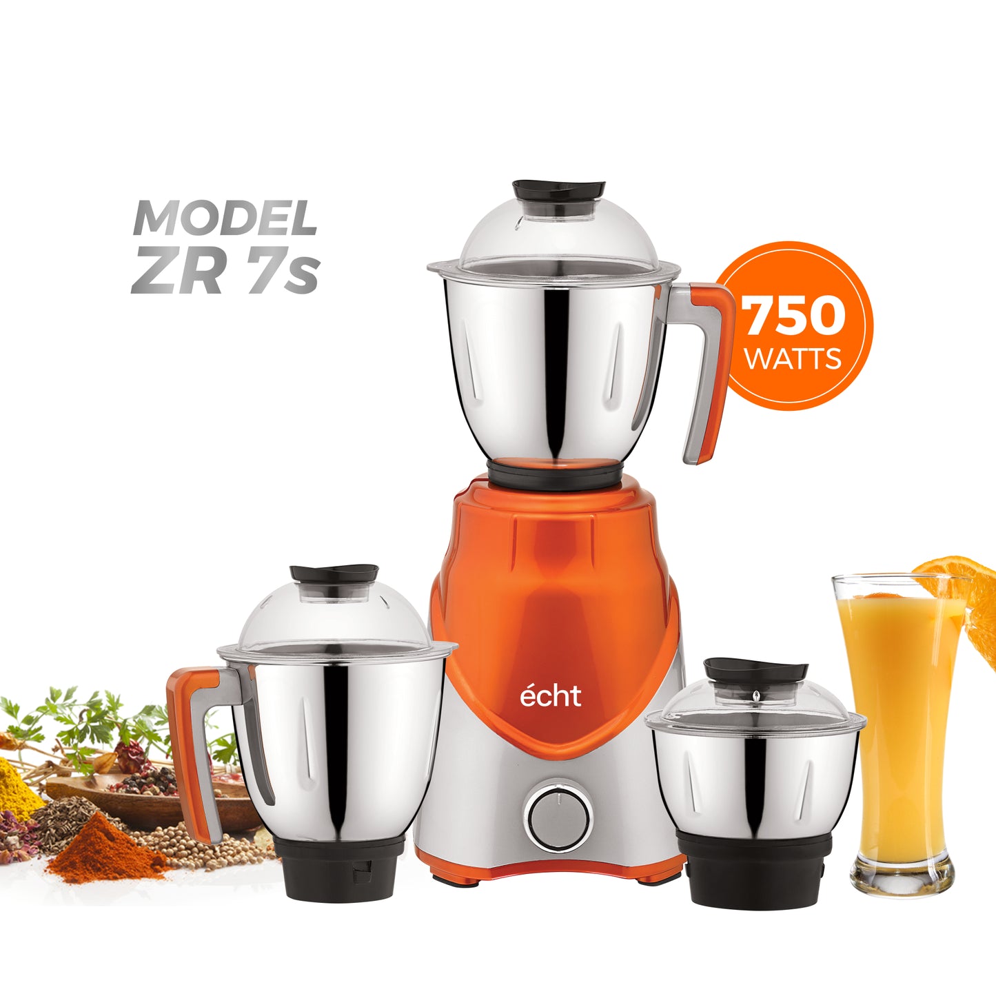 Echt ZR 7S Mixer Grinder 750 Watt, 3 Stainless Steel Jars, Wet Jar (1500 ml), Multipurpose Jar (1000 ml) and Chutney Jar (300ml); with 3 Speed Control, with 2 years warranty, Silver+ Orange