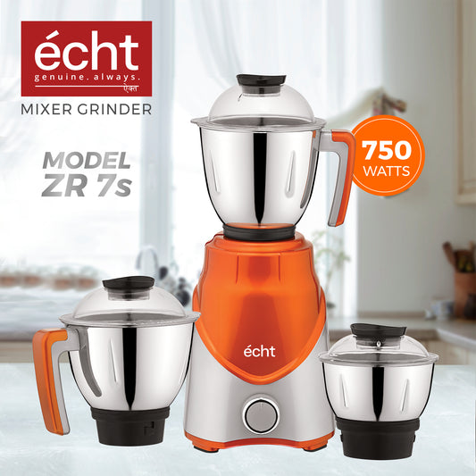 Echt ZR 7S Mixer Grinder 750 Watt, 3 Stainless Steel Jars, Wet Jar (1500 ml), Multipurpose Jar (1000 ml) and Chutney Jar (300ml); with 3 Speed Control, with 2 years warranty, Silver+ Orange