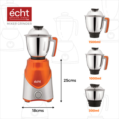 Echt ZR 7S Mixer Grinder 750 Watt, 3 Stainless Steel Jars, Wet Jar (1500 ml), Multipurpose Jar (1000 ml) and Chutney Jar (300ml); with 3 Speed Control, with 2 years warranty, Silver+ Orange